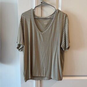 American Eagle Outfitters Olive Striped V-Neck Tee